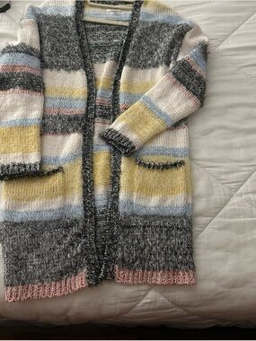Striped Open-Front Cardigan Sweater in Gray, Yellow, Blue, Pink & Cream